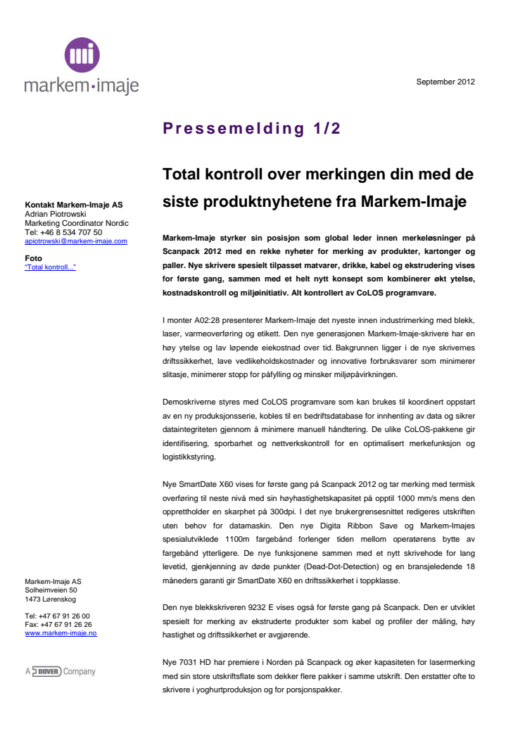 Total kontroll over merkingen din med de siste produktnyhetene fra Markem-Imaje
