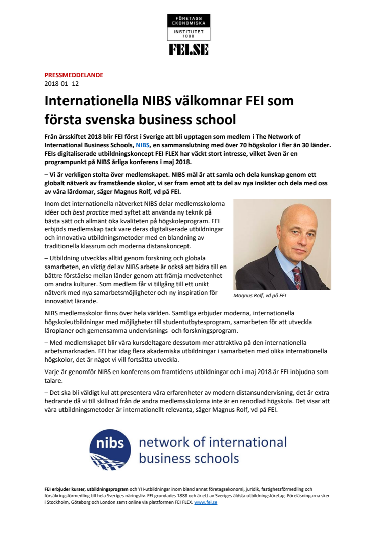 Internationella NIBS välkomnar FEI som första svenska business school