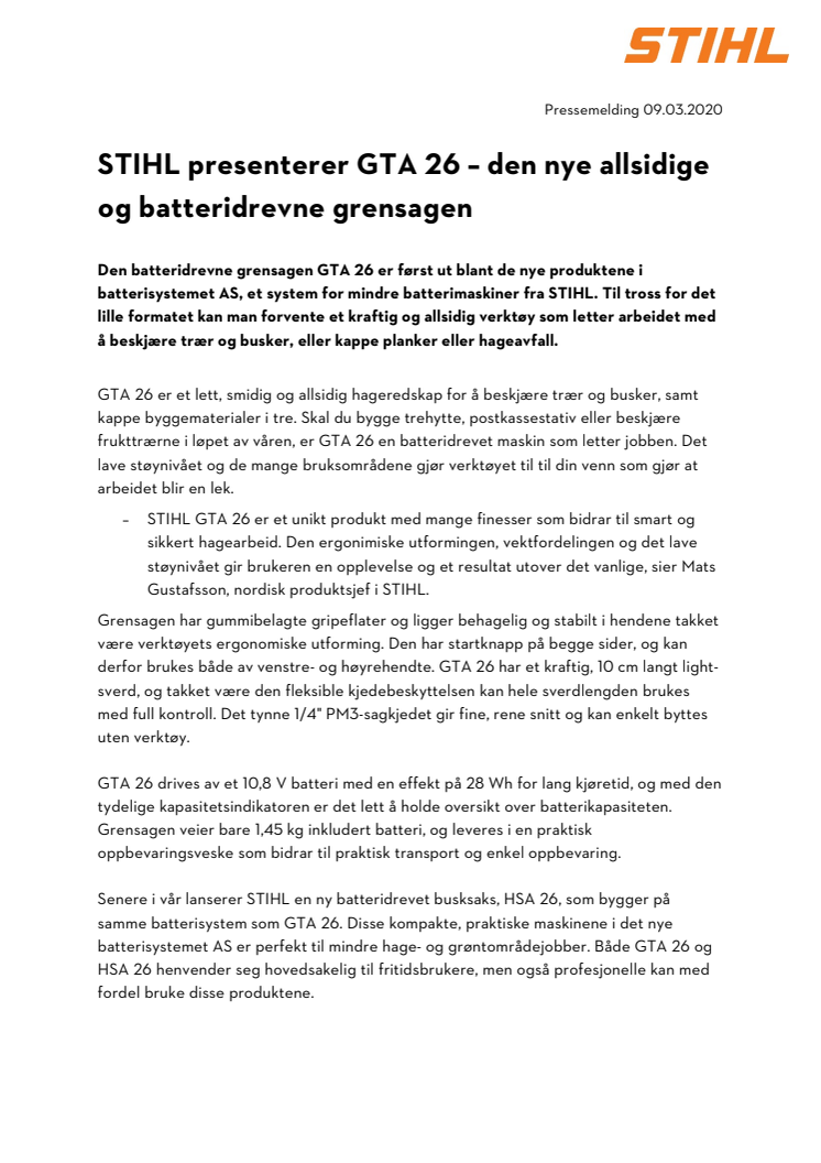 STIHL presenterer GTA 26 – den nye allsidige og batteridrevne grensagen