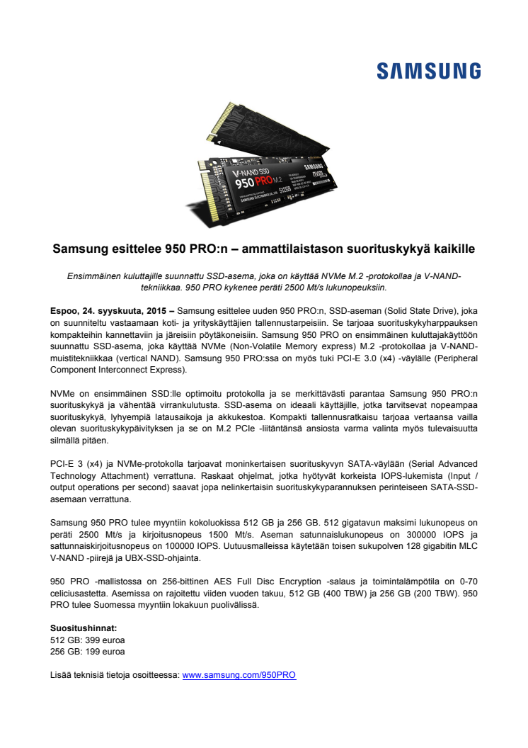 Samsung esittelee 950 PRO:n – ammattilaistason suorituskykyä kaikille
