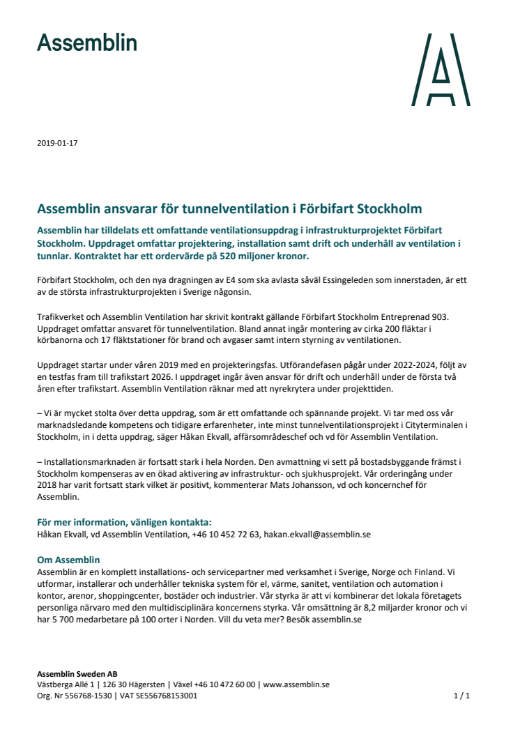 Assemblin ansvarar för tunnelventilation i Förbifart Stockholm