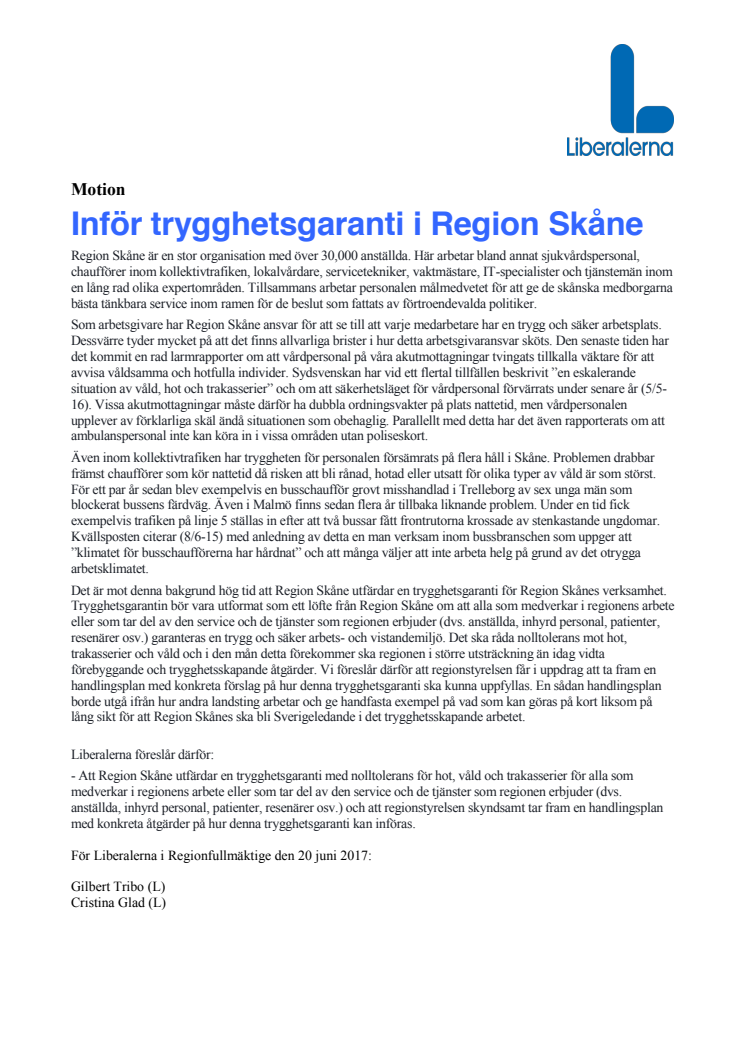 L: Nu garanteras tryggheten för Region Skånes anställda