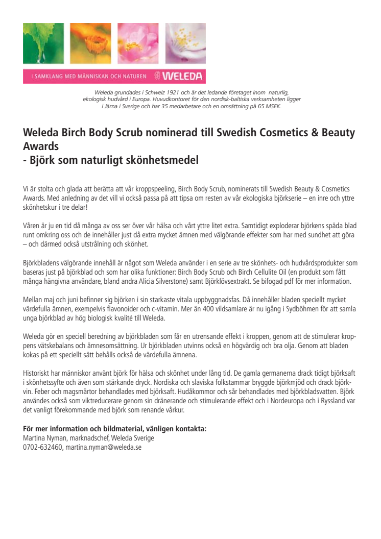 Weleda Birch Body Scrub nominerad till Swedish Cosmetics & Beauty Awards - Björk som naturligt skönhetsmedel