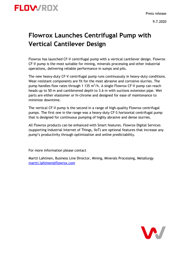 Flowrox Launches Centrifugal Pump with Vertical Cantilever Design