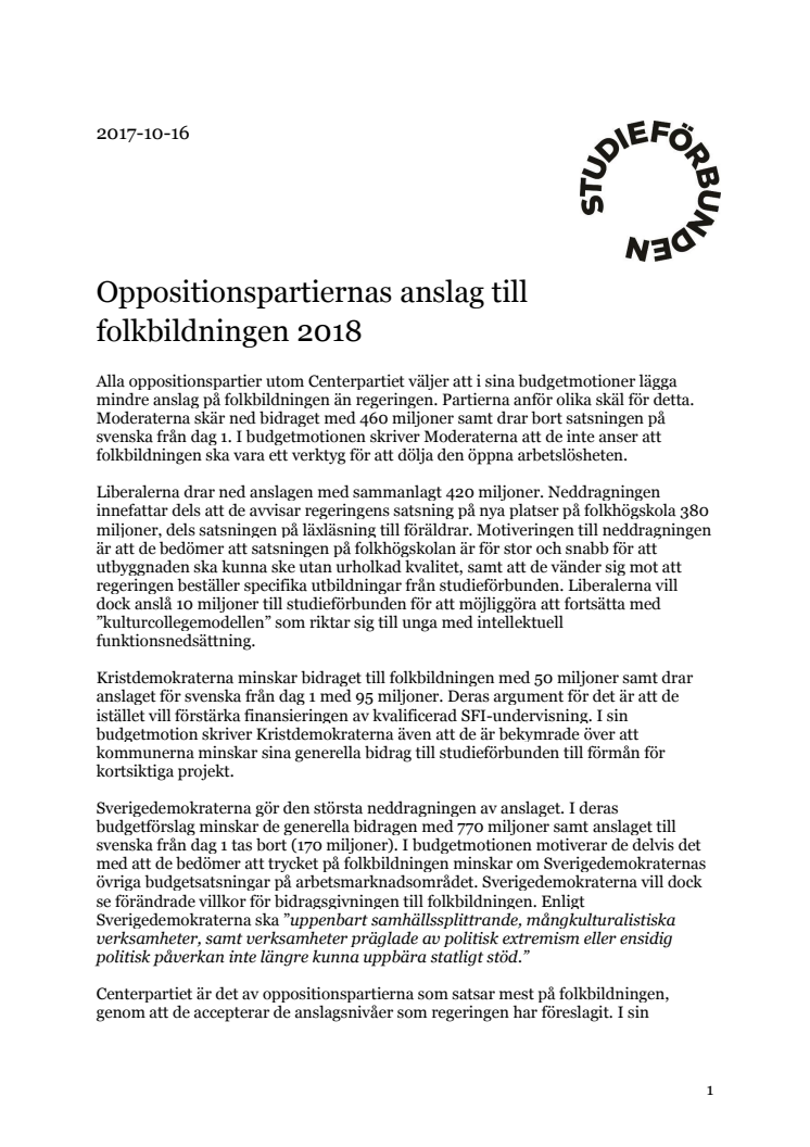 Såhär vill oppositionspartierna fördela anslag till folkbildningen 2018