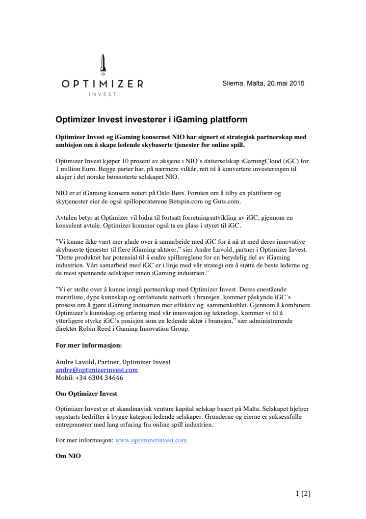 Optimizer Invest investerer i iGaming plattform