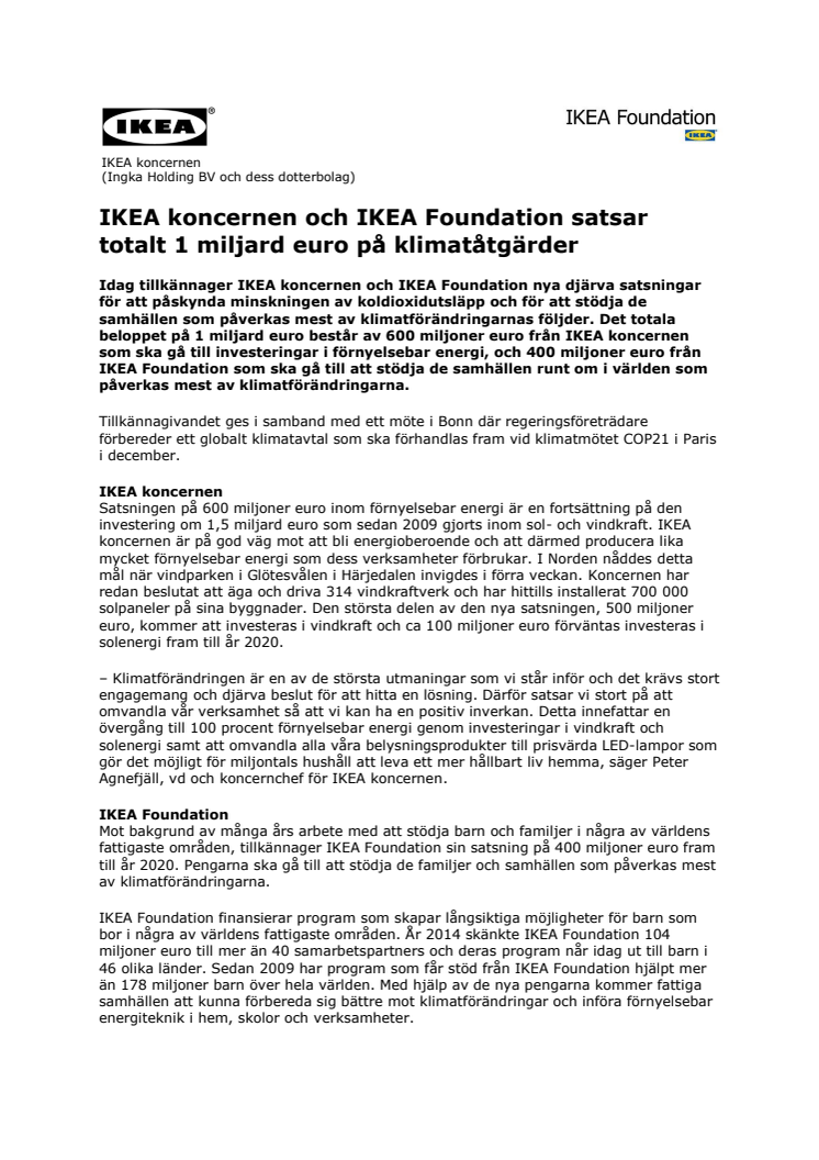 IKEA koncernen och IKEA Foundation satsar totalt 1 miljard euro på klimatåtgärder