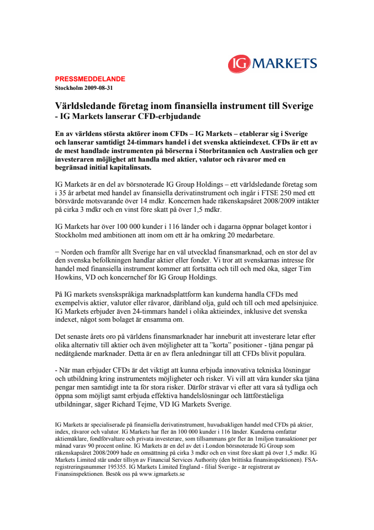 Världsledande företag inom finansiella instrument till Sverige - IG Markets lanserar CFD-erbjudande