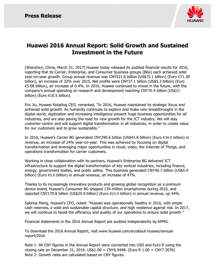 Huawei 2016 Annual Report: Solid Growth and Sustained Investment in the Future