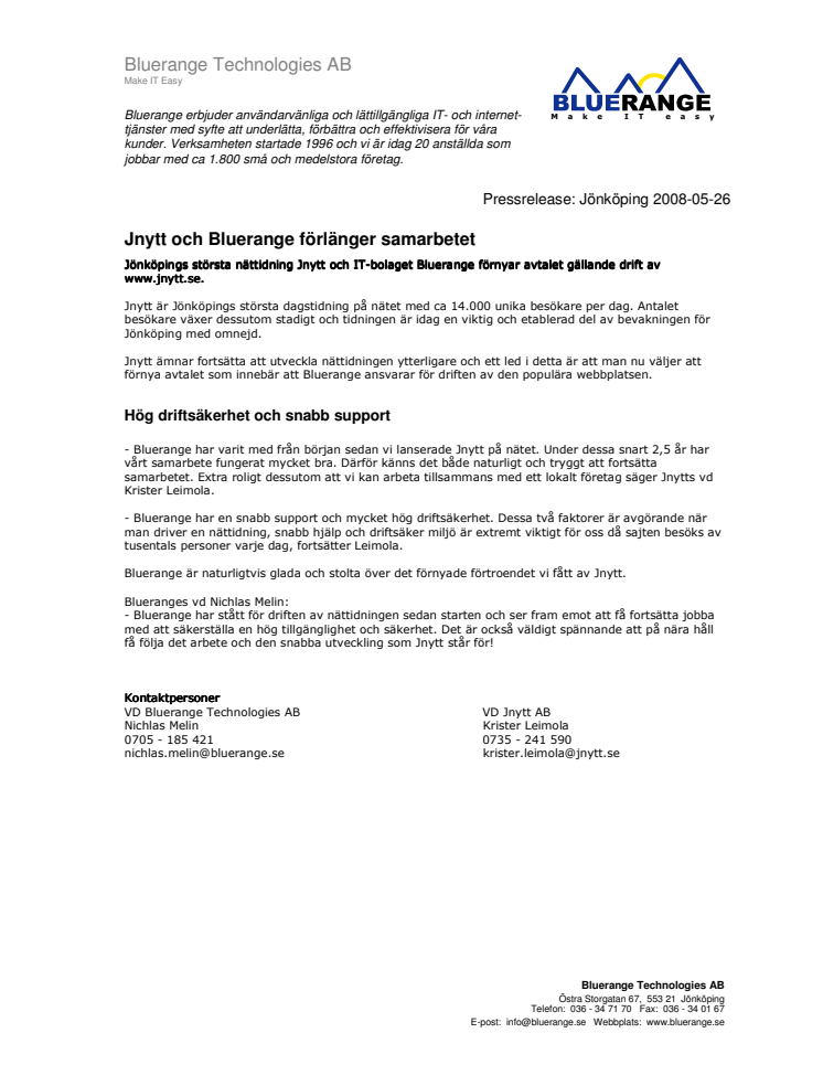 Jnytt och Bluerange tecknar nytt avtal