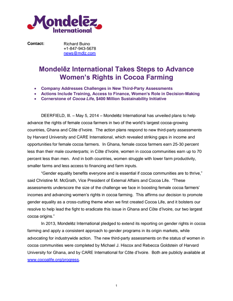 Mondelēz International Takes Steps to Advance Women’s Rights in Cocoa Farming