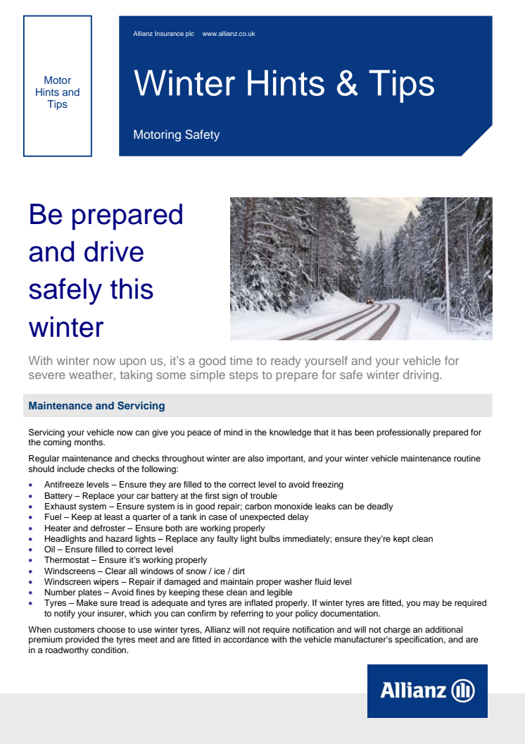 ALLIANZ ISSUES WINTER DRIVING ADVICE