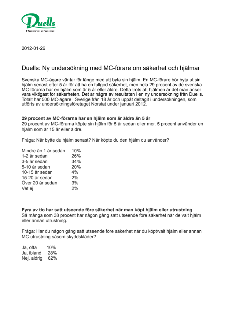 Statistisk undersökning av mc-förare, Norstat, sammanställning