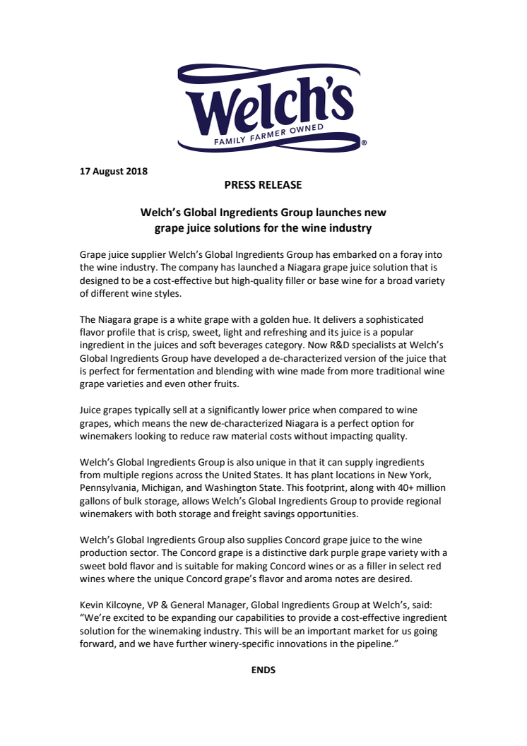 PRESS RELEASE: Welch’s Global Ingredients Group launches new  grape juice solutions for the wine industry