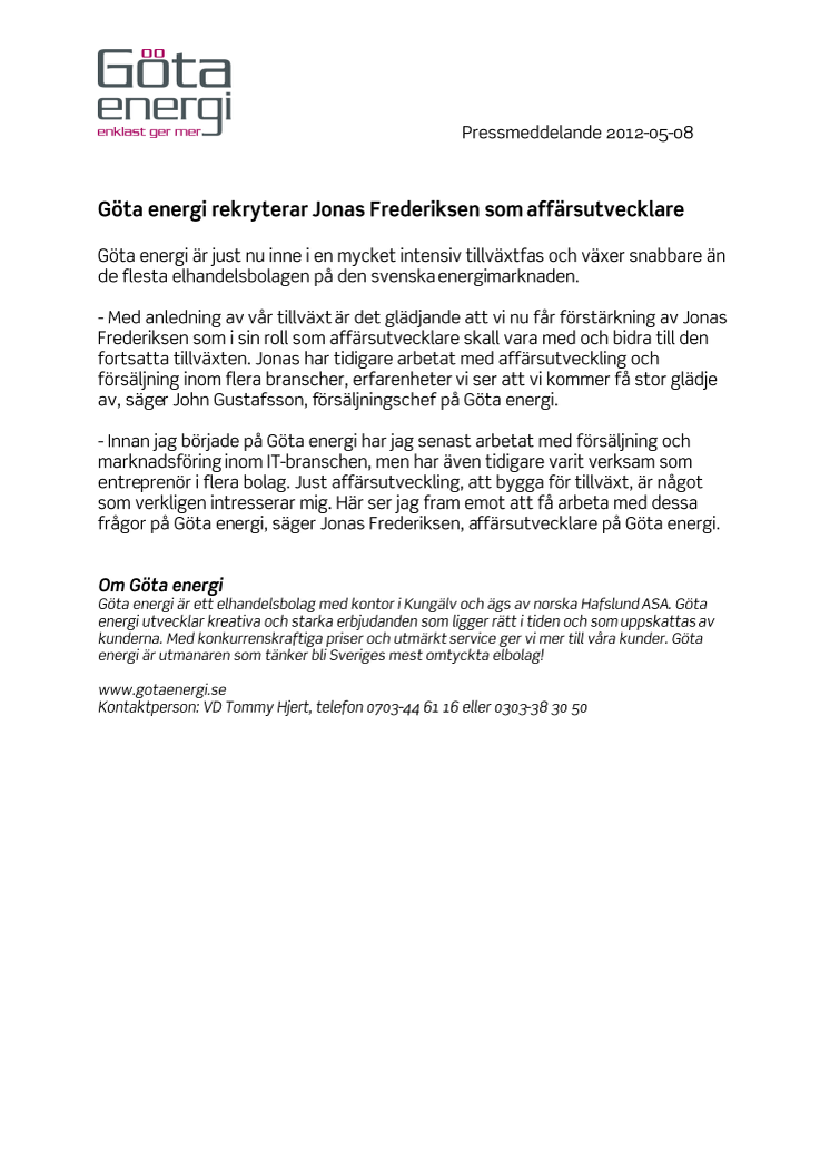 Göta energi rekryterar Jonas Frederiksen som affärsutvecklare 
