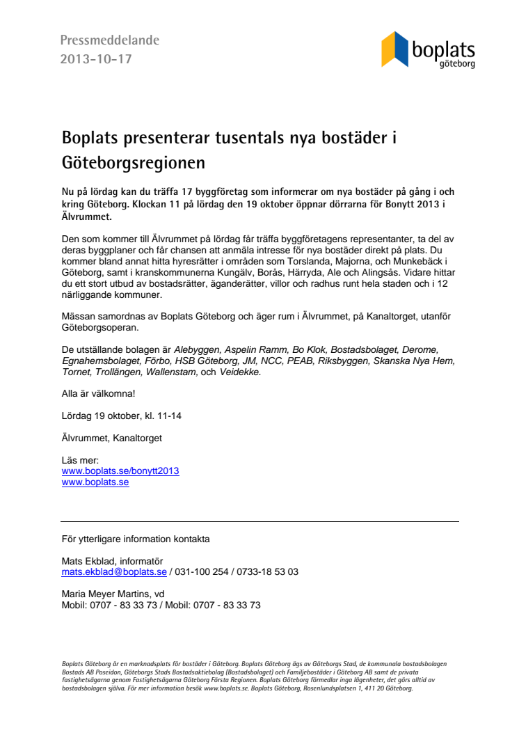 Boplats presenterar tusentals nya bostäder i Göteborgsregionen