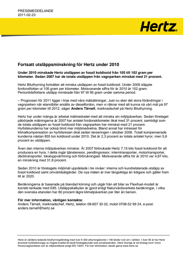 Fortsatt utsläppsminskning för Hertz under 2010