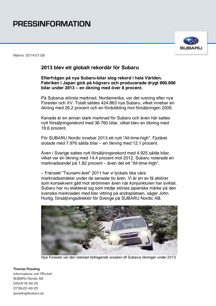 2013 blev ett globalt rekordår för Subaru