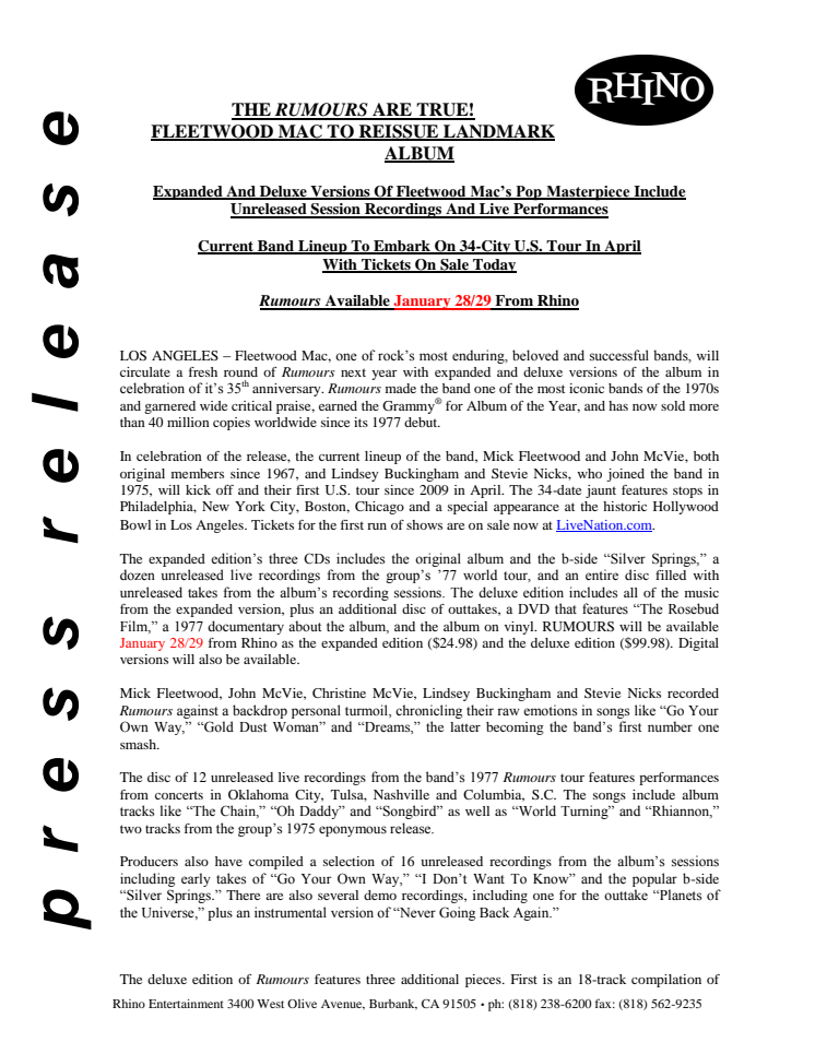 Fleetwood Mac original Rhino press release