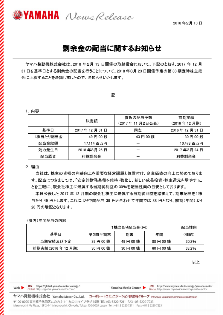 剰余金の配当に関するお知らせ