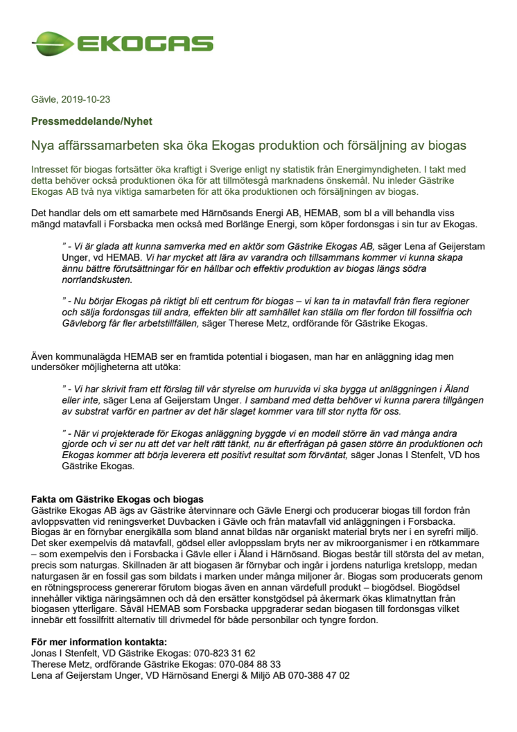 Nya affärssamarbeten ska öka Ekogas produktion och försäljning av biogas