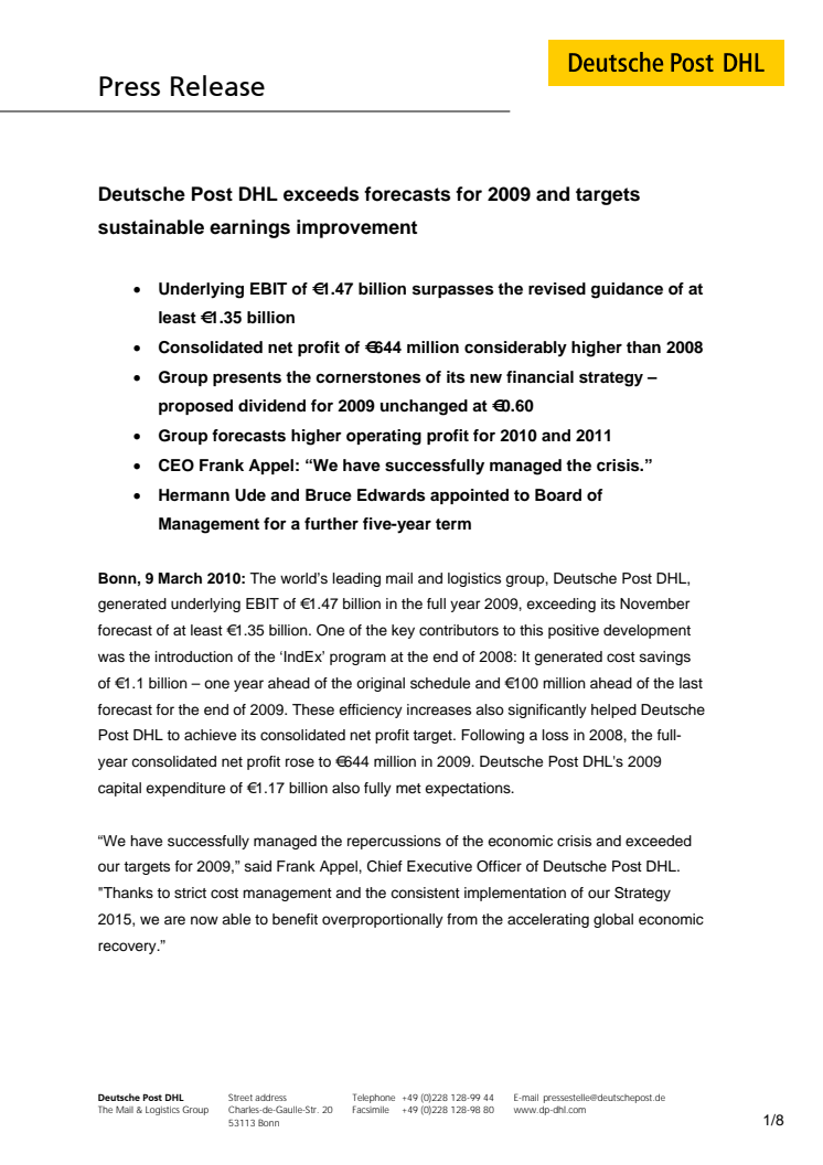 Deutsche Post DHL exceeds forecasts for 2009 and targets sustainable earnings improvement