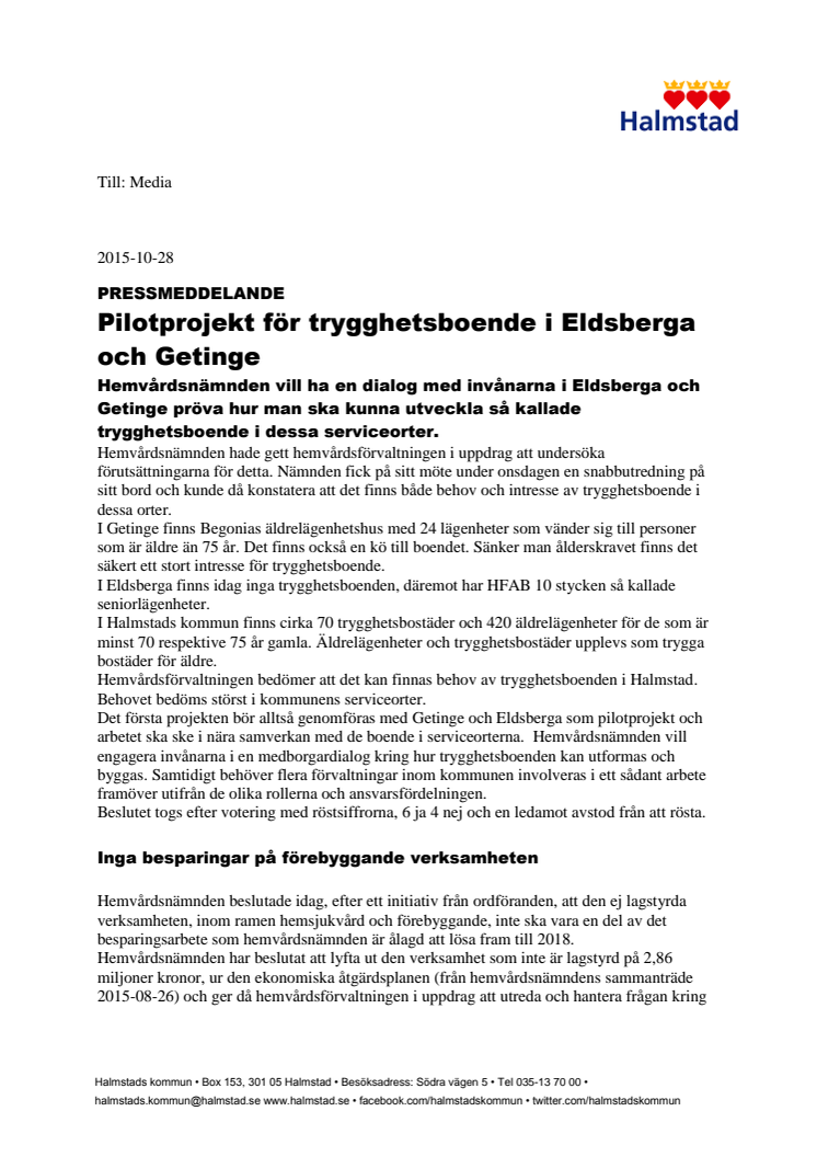 Pilotprojekt för trygghetsboende i Eldsberga och Getinge