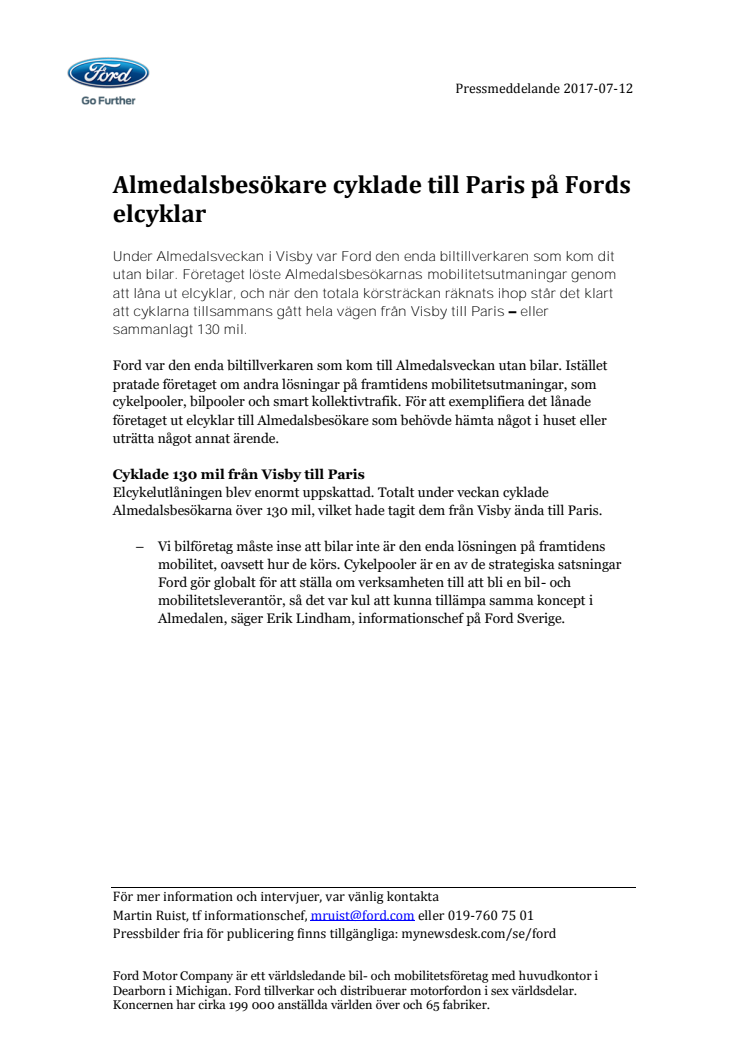 Almedalsbesökare cyklade till Paris på Fords elcyklar