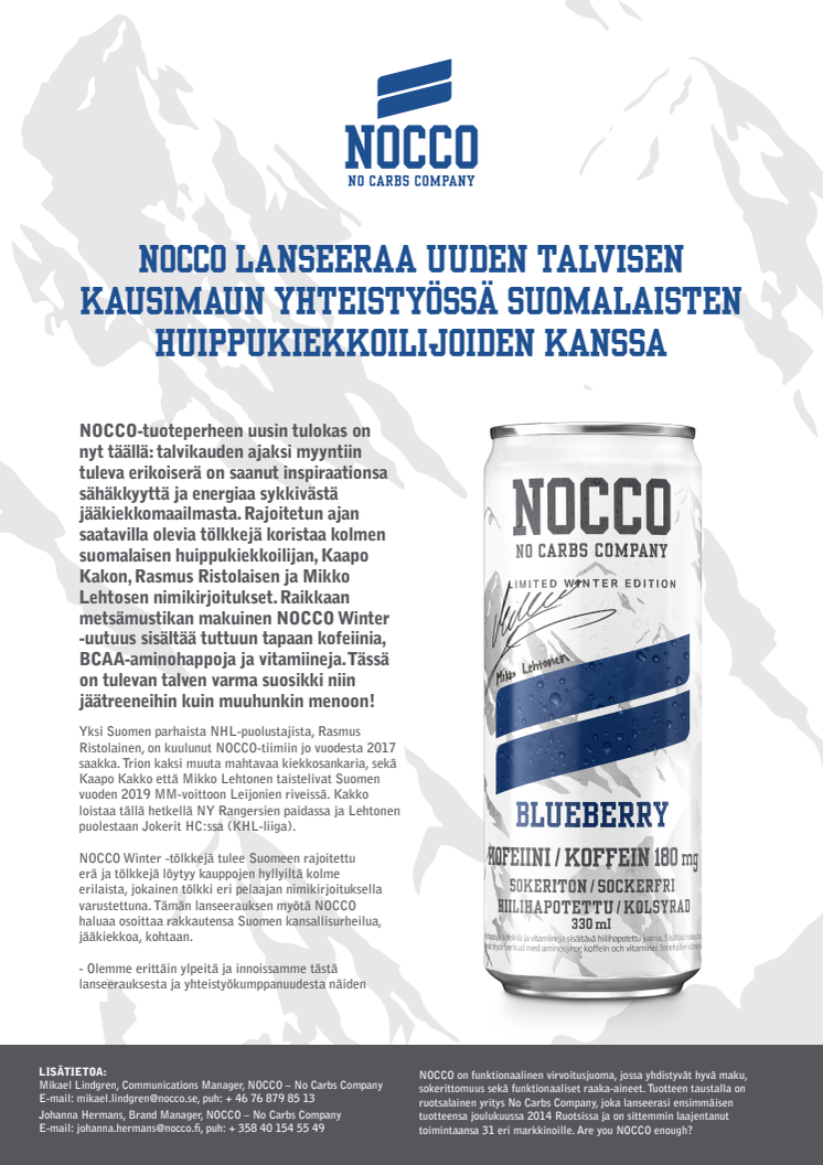 NOCCO lanseeraa uuden talvisen kausimaun yhteistyössä suomalaisten huippukiekkoilijoiden kanssa