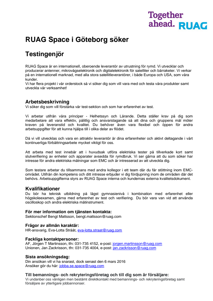 RUAG Space i Göteborg söker Testingenjör