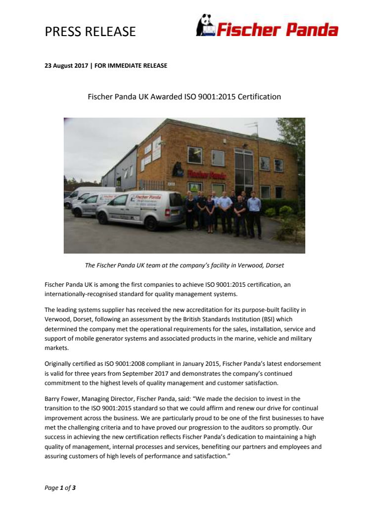 Fischer Panda UK Awarded ISO 9001:2015 Certification