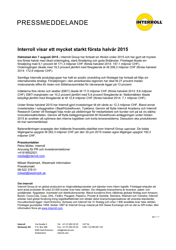 Interroll visar ett mycket starkt första halvår 2015