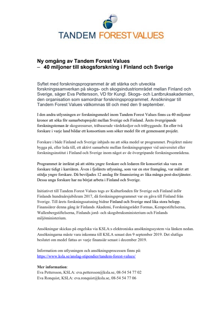 Ny omgång av Tandem Forest Values – 40 miljoner till skogsforskning i Finland och Sverige
