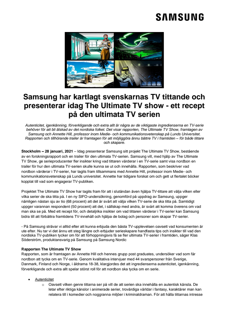 Samsung har kartlagt svenskarnas TV tittande och presenterar idag The Ultimate TV show - ett recept på den ultimata TV serien