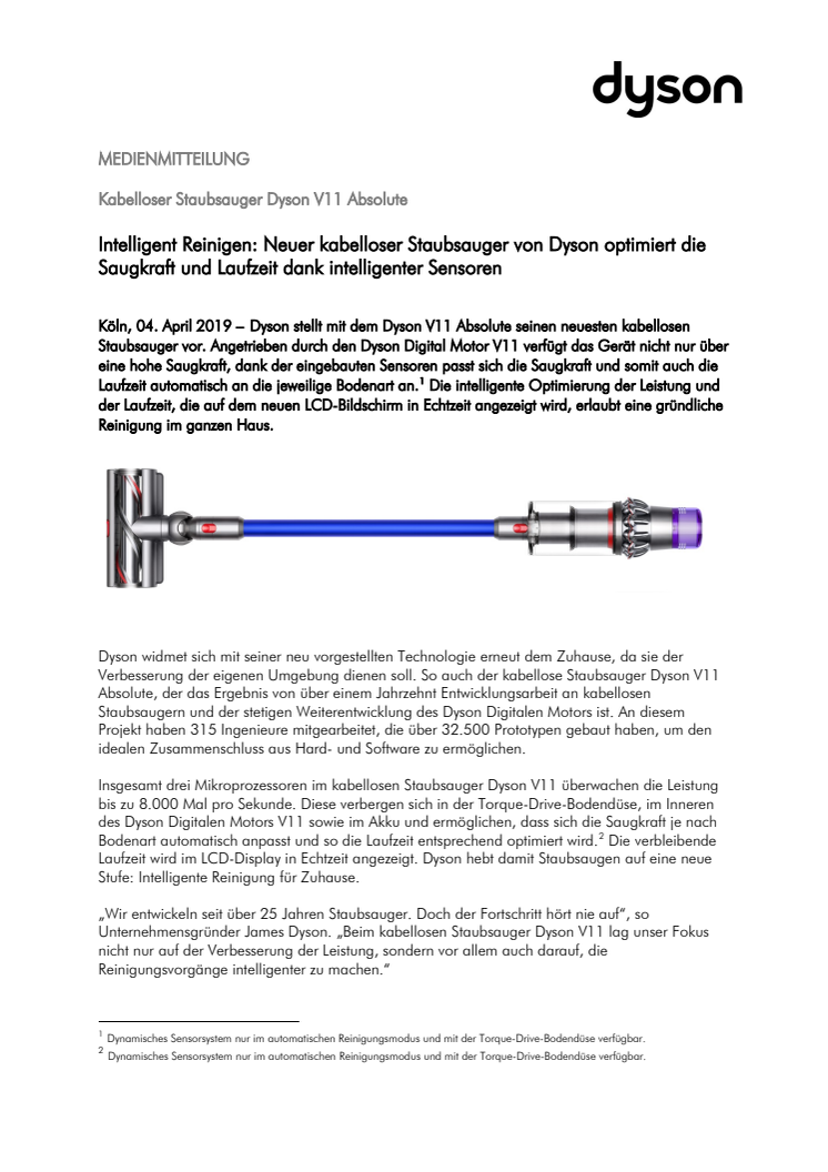 Intelligent Reinigen: Neuer kabelloser Staubsauger von Dyson optimiert die Saugkraft und Laufzeit dank intelligenter Sensoren