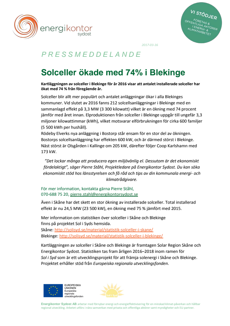 Solceller i Blekinge ökade med 74%