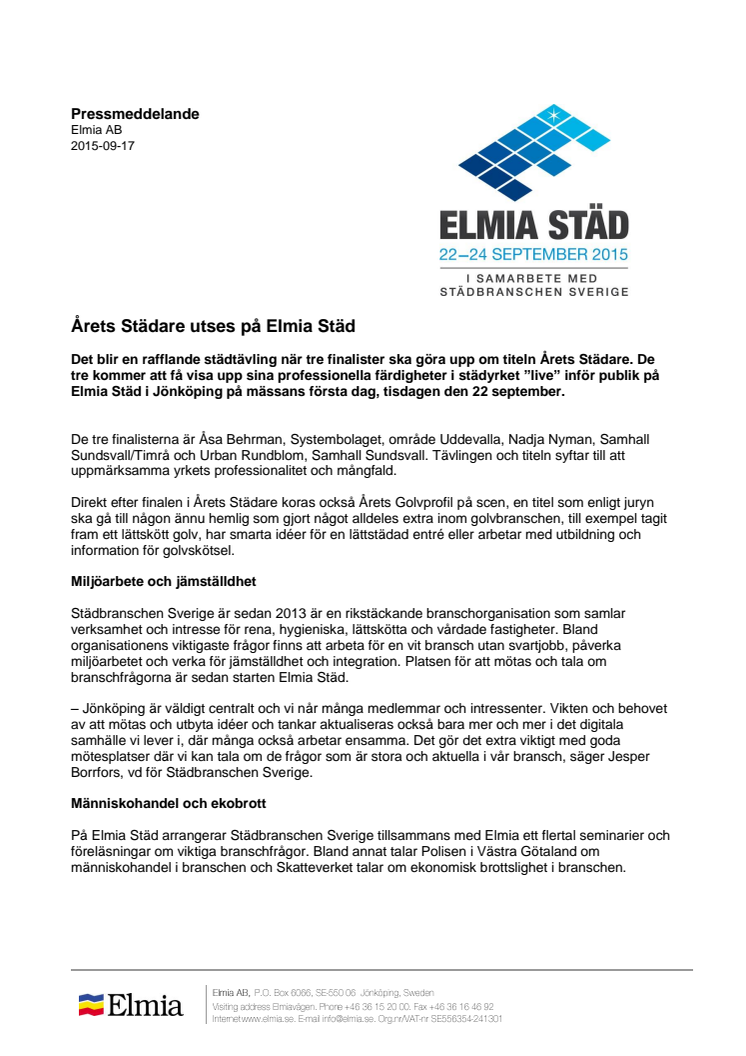 Årets Städare utses på Elmia Städ