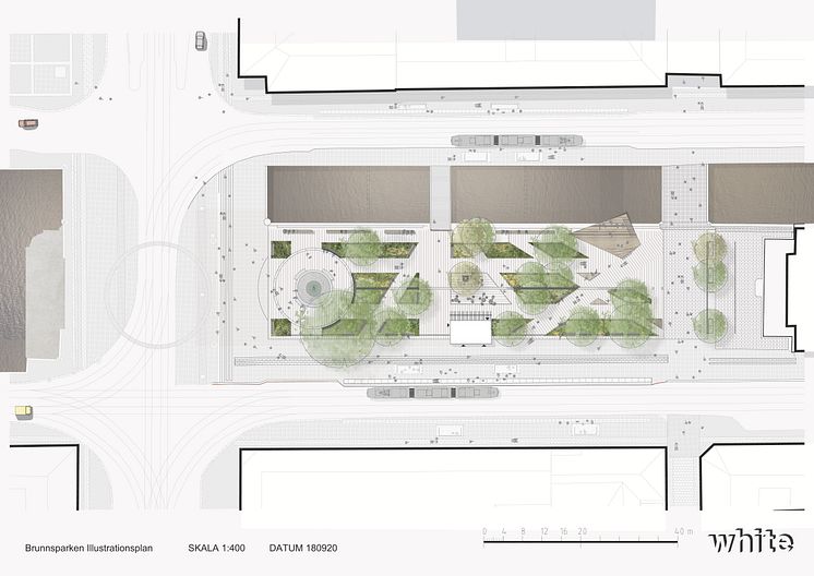 Illustrationsplan för upprustningen av Brunnsparken 2019 2020 White arkitekter 