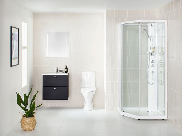 Viisikulmainen IDO Showerama -suihkukaappi, musta IDO Elegant -alakaappi ja IDO Glow 62 -wc-istuin