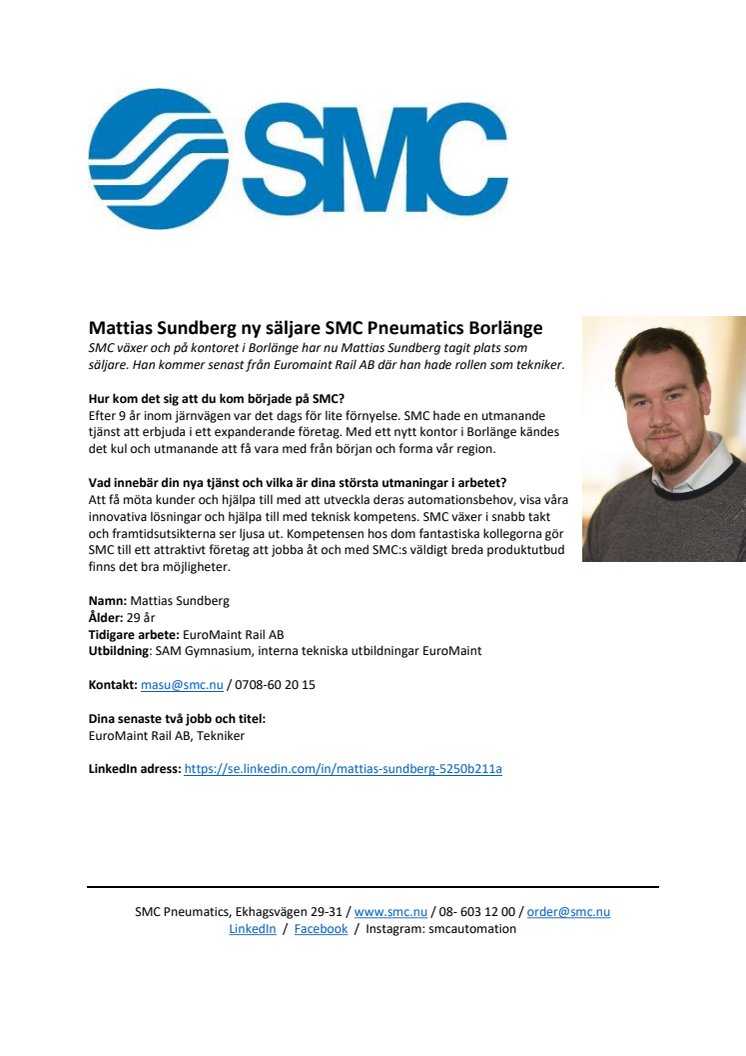 Mattias Sundberg ny säljare SMC Pneumatics Borlänge