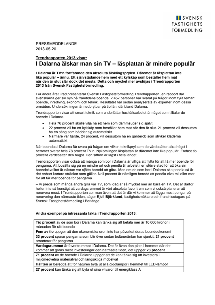 Trendrapporten 2013 visar: I Dalarna älskar man sin TV – läsplattan är mindre populär 