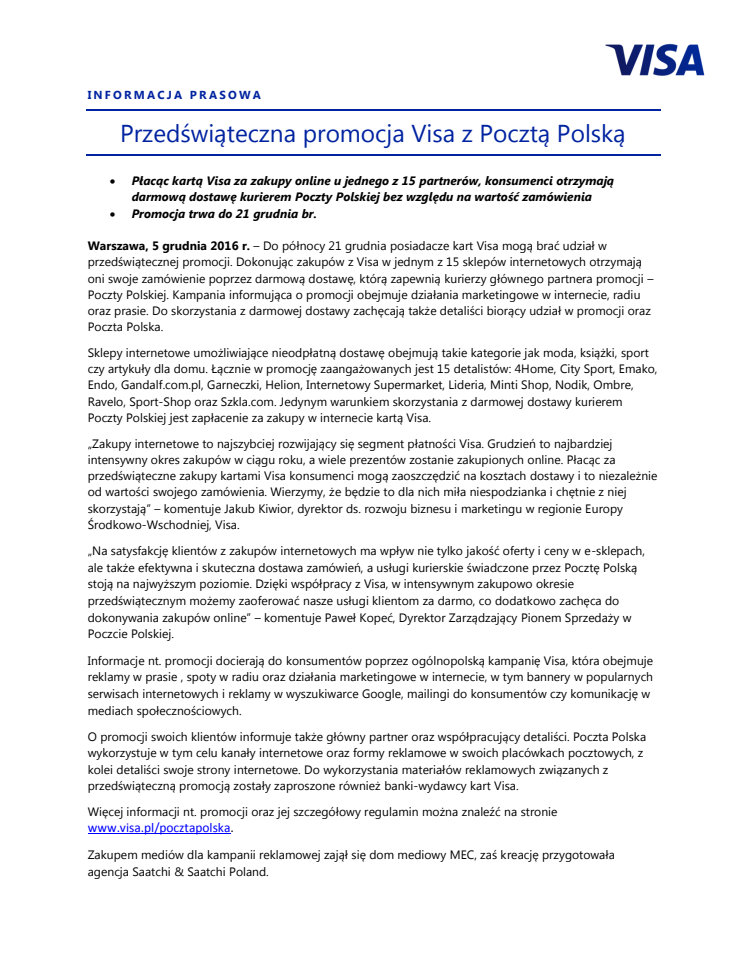 Przedświąteczna promocja Visa z Pocztą Polską