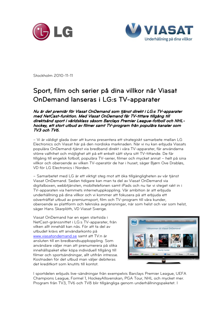 Sport, film och serier på dina villkor när Viasat OnDemand lanseras i LG:s TV-apparater 
