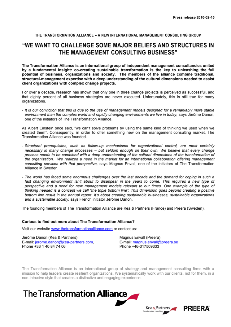 THE TRANSFORMATION ALLIANCE – A NEW INTERNATIONAL MANAGEMENT CONSULTING GROUP