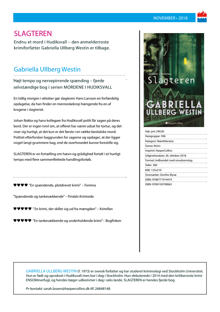 Nyhed på vej fra HarperCollins: SLAGTEREN af Gabriella Ullberg Westin