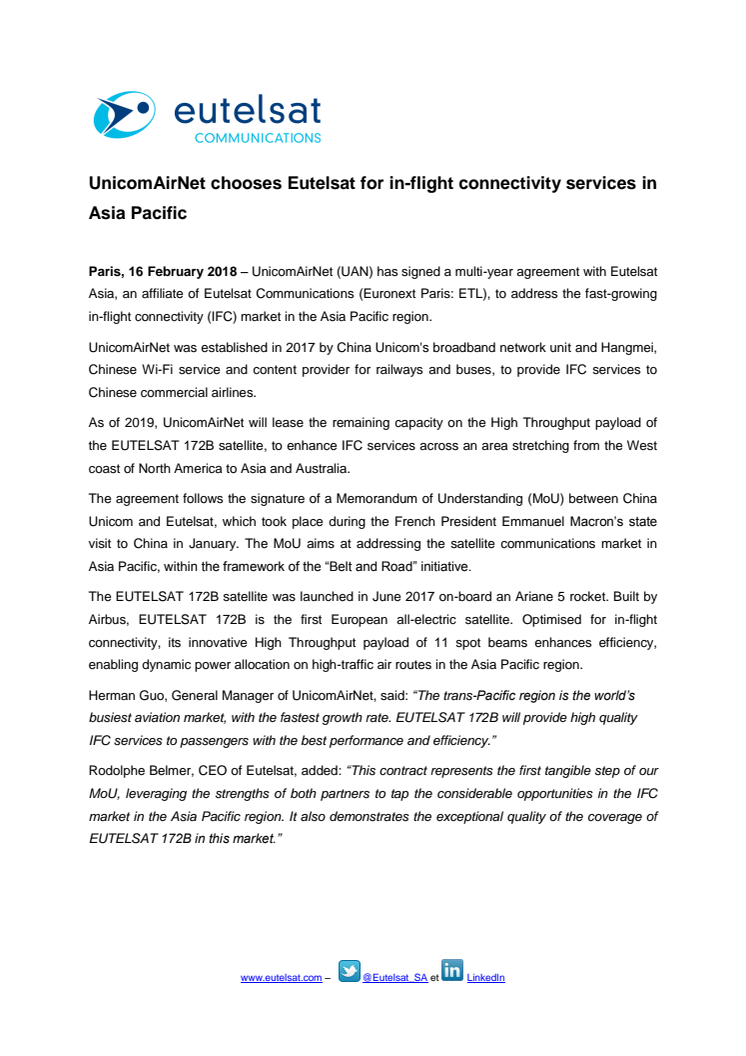 UnicomAirNet chooses Eutelsat for in-flight connectivity services in Asia Pacific