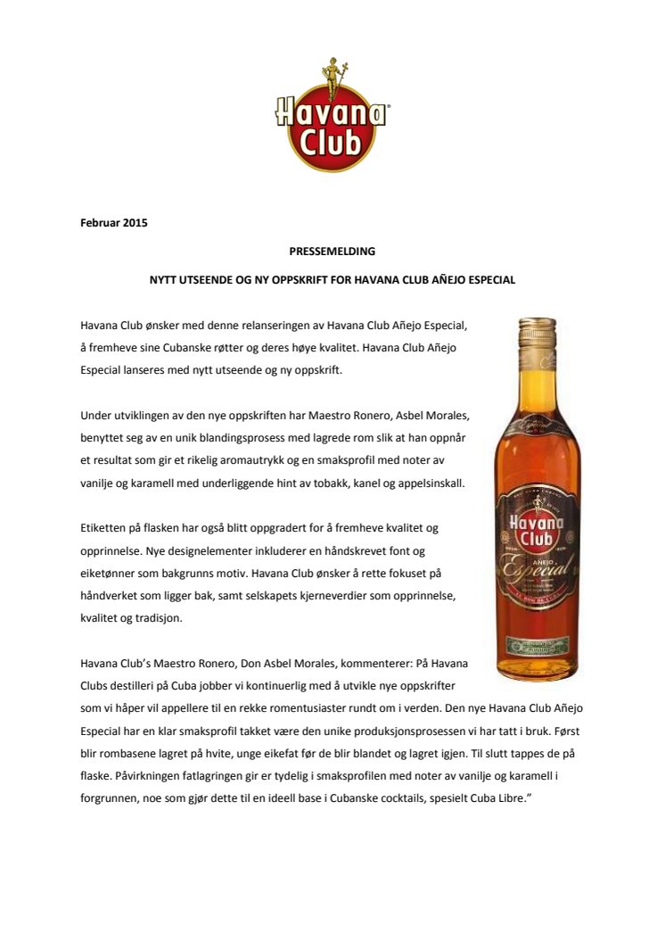 Nytt utseende og ny oppskrift for Havana Club Añejo Especial