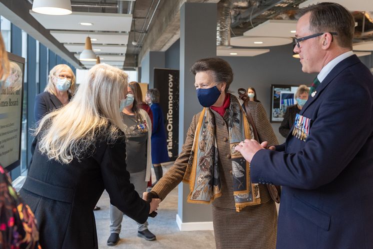 HRH Veteran Hub visit - HRH The Princess Royal meets Co-Directors of the Northern Hub for Veterans and Military Families Research, Mrs Gill McGill and Professor Matt Kiernan.