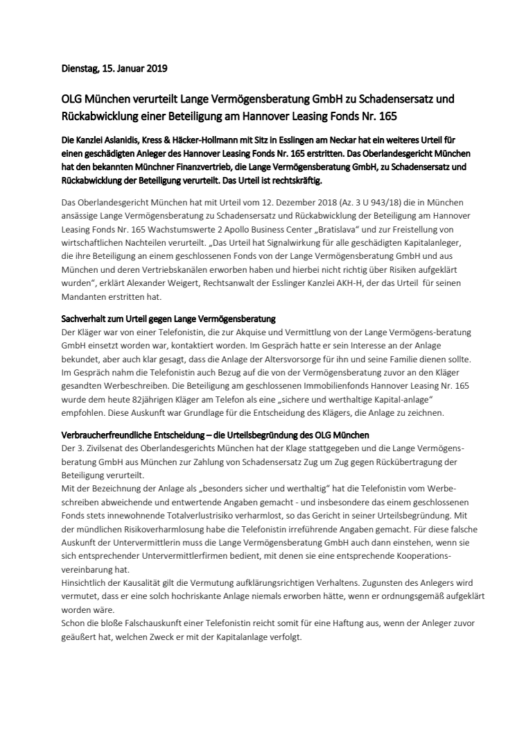 OLG München verurteilt Lange Vermögensberatung GmbH zu Schadensersatz und Rückabwicklung einer Beteiligung am Hannover Leasing Fonds Nr. 165
