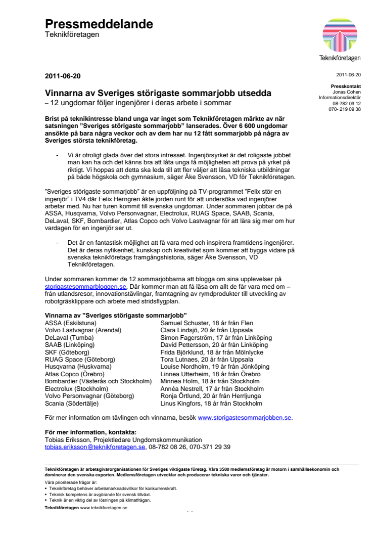 Vinnarna av Sveriges störigaste sommarjobb utsedda – 12 ungdomar följer ingenjörer i deras arbete i sommar